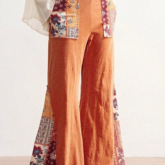 Orange Boho Women's Casual Knit Patchwork Flare Washed Pants - Picture 4 of 7